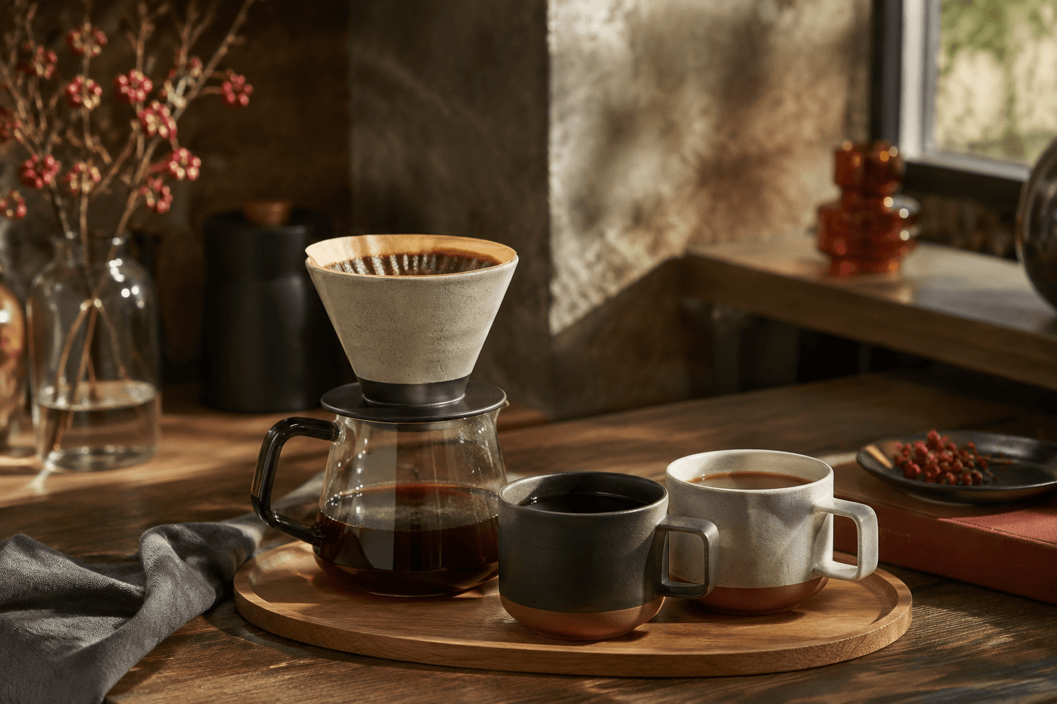 The Counter Ritual Bundle — dripper, glass server, oak tray and a pair of ceramic mugs together