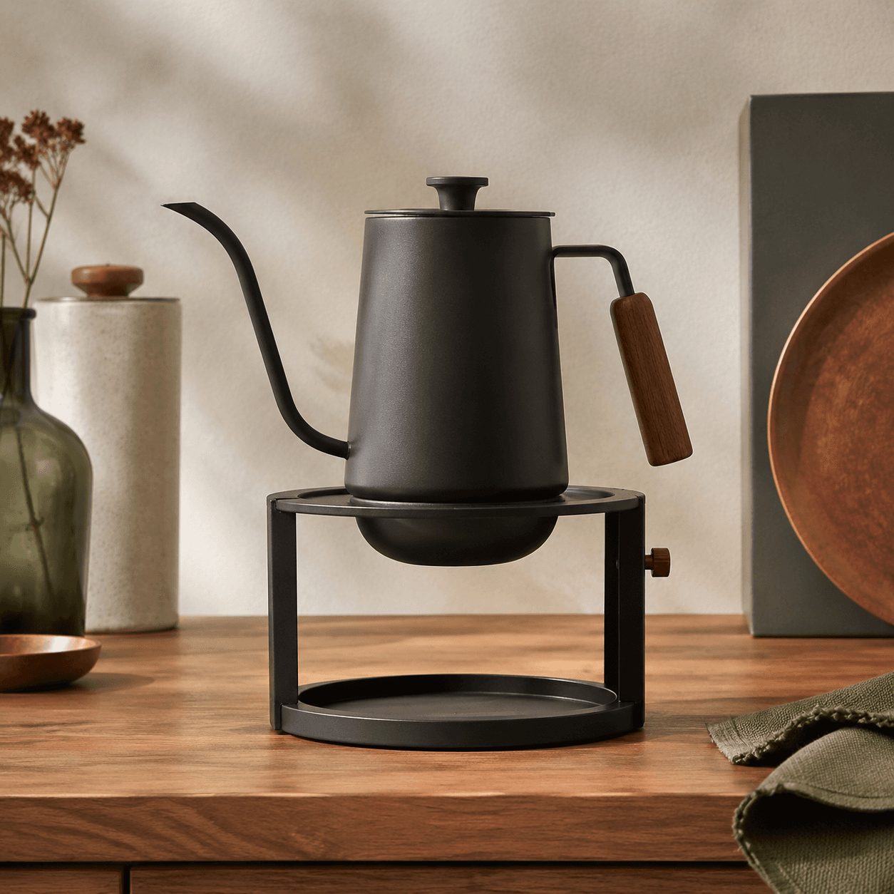 Gooseneck Kettle Stand — A powder-coated steel rest that gives a gooseneck kettle a stable, drip-free home.