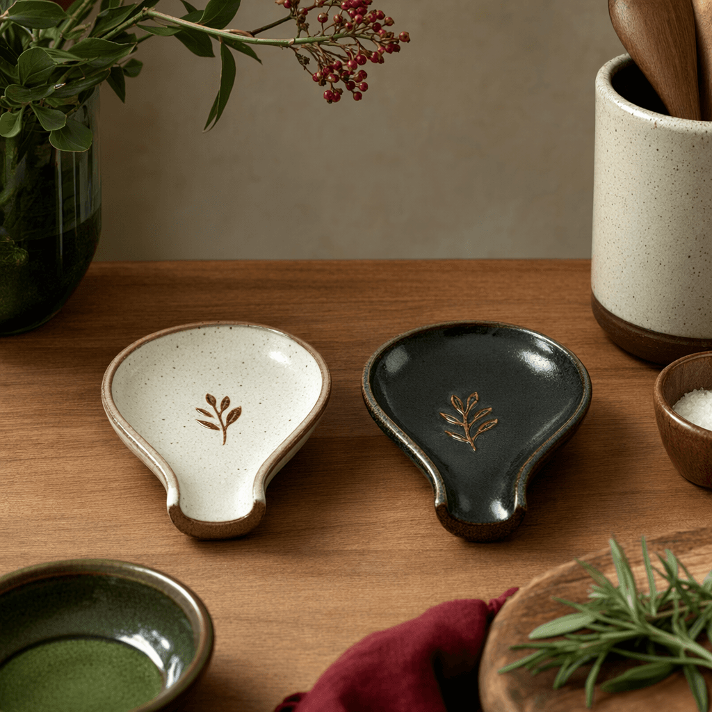 Spoon Rest Duo — Two small glazed rests that catch drips from stirring and measuring spoons.