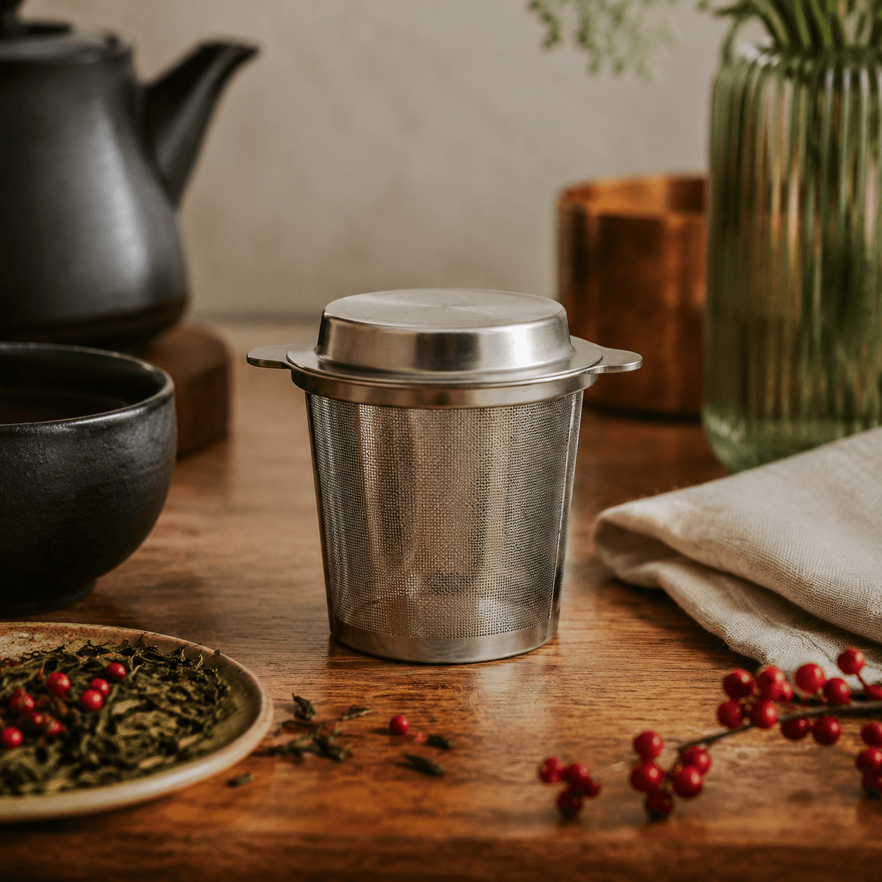 Tea Infuser Basket — A fine stainless mesh basket that steeps loose leaf and lifts out clean.