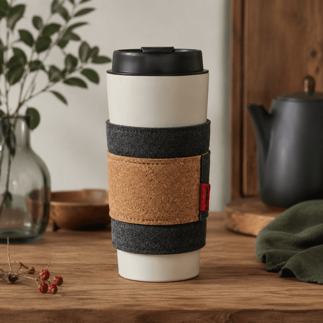 Travel Tumbler Sleeve — A cork-and-felt sleeve that protects a travel tumbler and softens its grip.